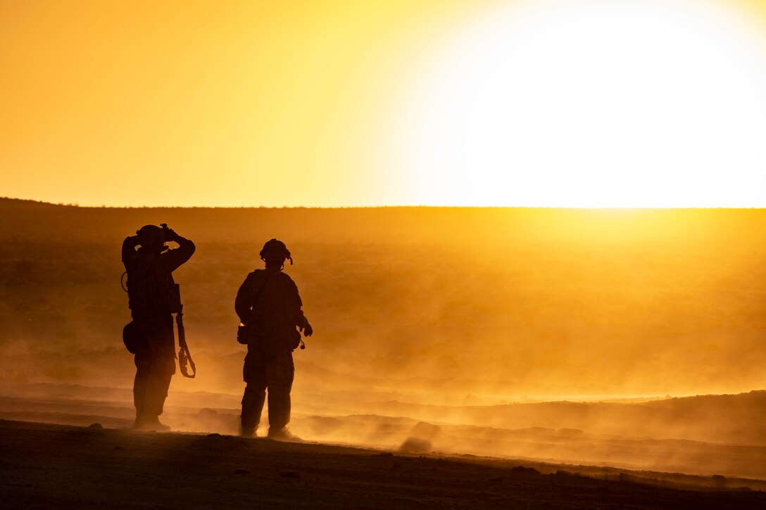 Soldiers look at the sun on the horizon.