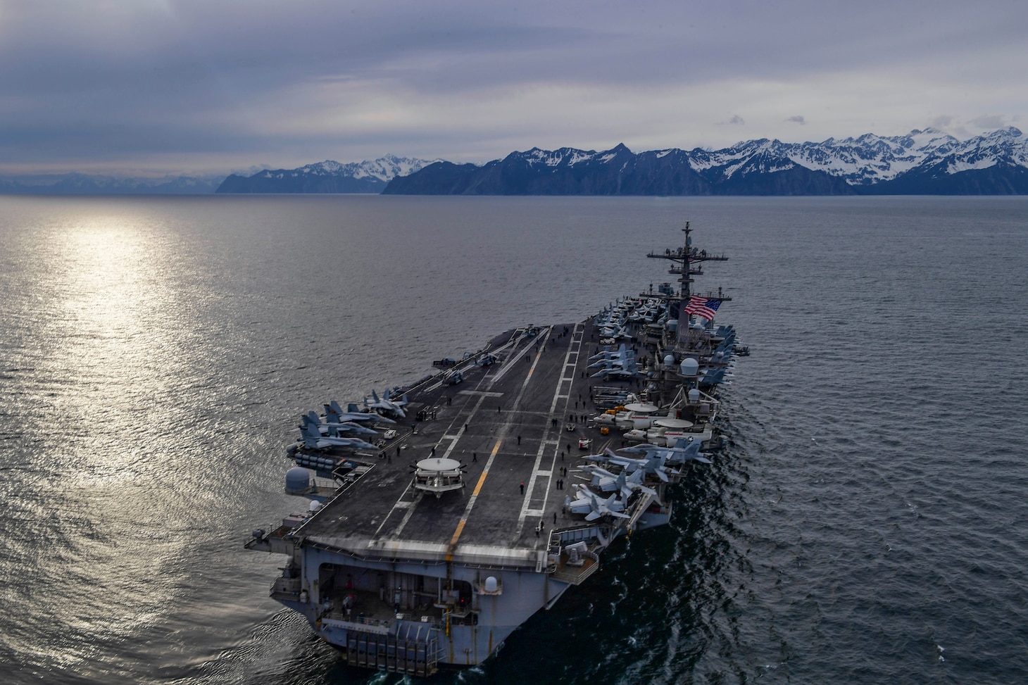 The aircraft carrier USS Theodore Roosevelt (CVN 71) transits the Gulf of Alaska, May 7, 2021, in support of flight operations above the Joint Pacific Alaska Range Complex and Gulf of Alaska during Exercise Northern Edge 2021 (NE21).