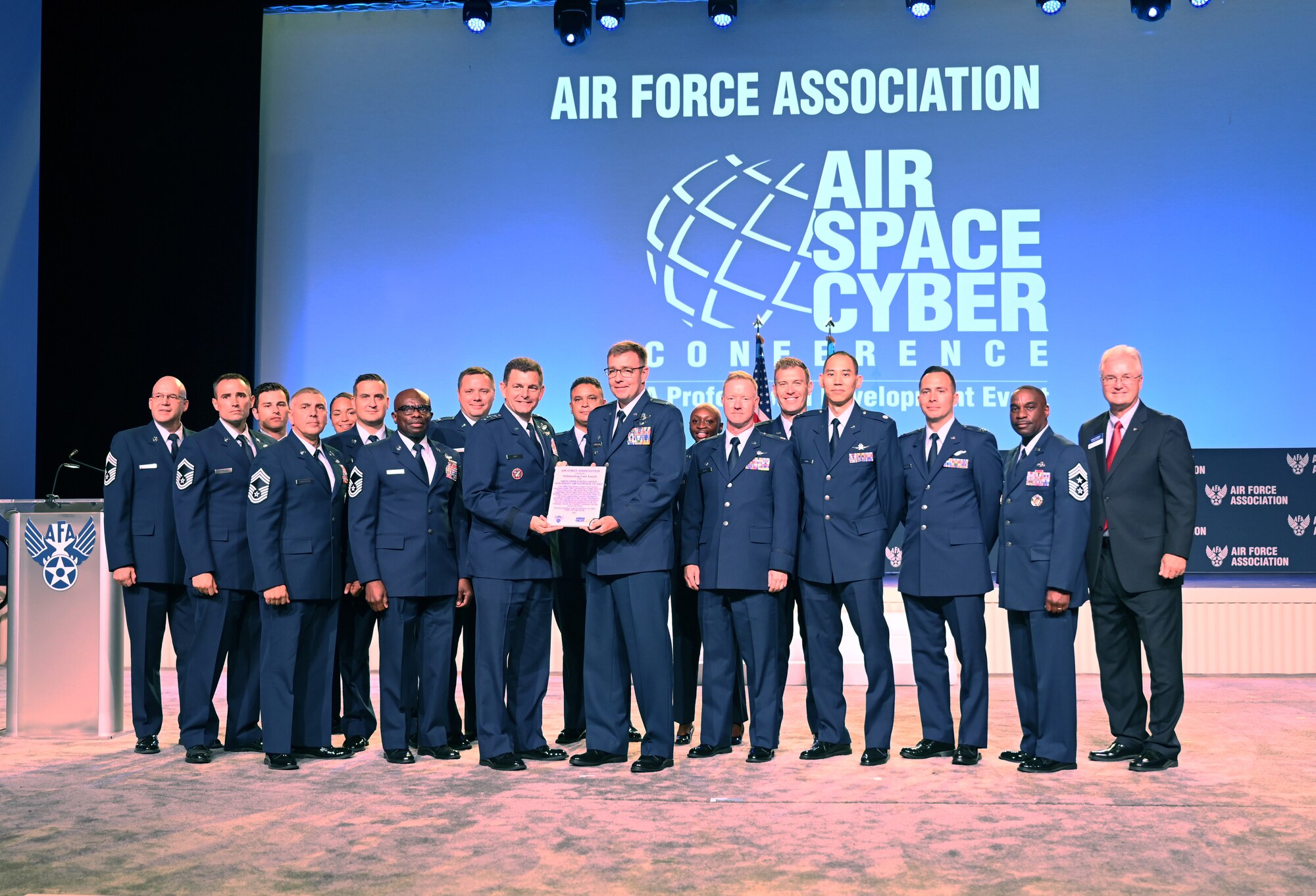 The Outstanding Air National Guard Unit Award is presented to 108th Operations Group at the Opening Award Ceremony at the 2021 Air Force Association Air, Space and Cyber Conference in National Harbor, Md., Sept. 20, 2021.