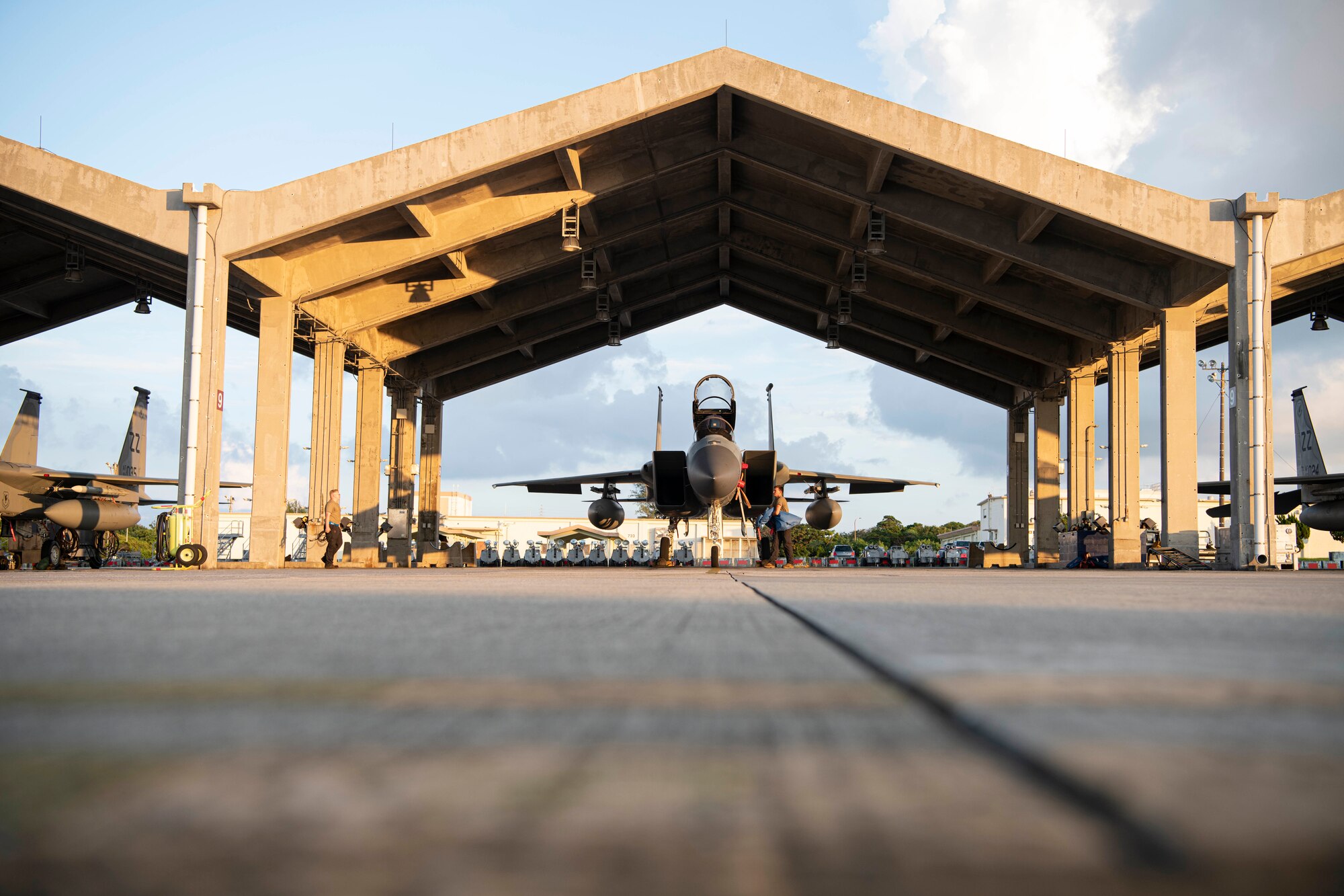 Airmen from the 18th Aircraft Maintenance Squadron conduct pre-flight checks on an F-15C Eagle at Kadena Air Base, Japan, Sept. 22, 2021. The 18th AMXS Airmen make it their mission to provide tactically and technically proficient Airmen to produce effective airpower, generate and maintain air superiority, forward deploy, and defend ourselves and our allies from attack. (U.S. Air Force photo by Staff Sgt. Savannah L. Waters)