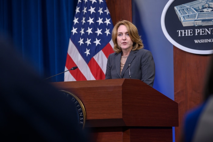 Deputy Defense Secretary Kathleen H. Hicks briefs reporters at the Pentagon.