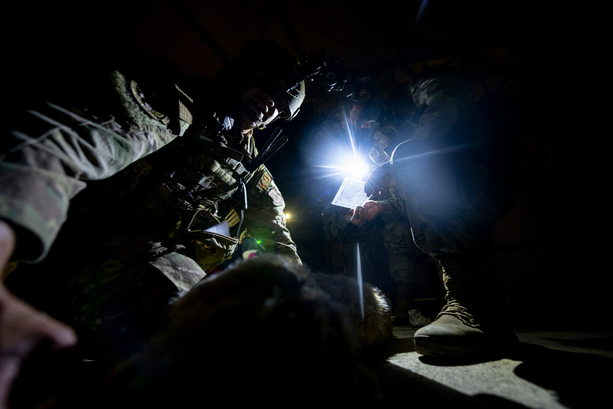 military working dog handler performs tactical combat casualty care on a simulated dog