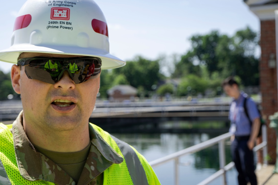 U.S. Army Staff Sgt. Matthew Bradford, 249th Engineer Battalion Charlie Company Prime Power production specialist, stands at the Washington Aqueduct during Exercise Empire Rising 2021 in Washington, D.C., July 14, 2021. During the validation exercise, the 249th Prime Power “Spartans” assessed power generators that helps the Washington Aqueduct’s drinking water production that services approximately one million citizens living, working, or visiting in the District of Columbia, Arlington County, Virginia, and other areas in northern Virginia to include portions of Fairfax County. (U.S. Army photo by Greg Nash)