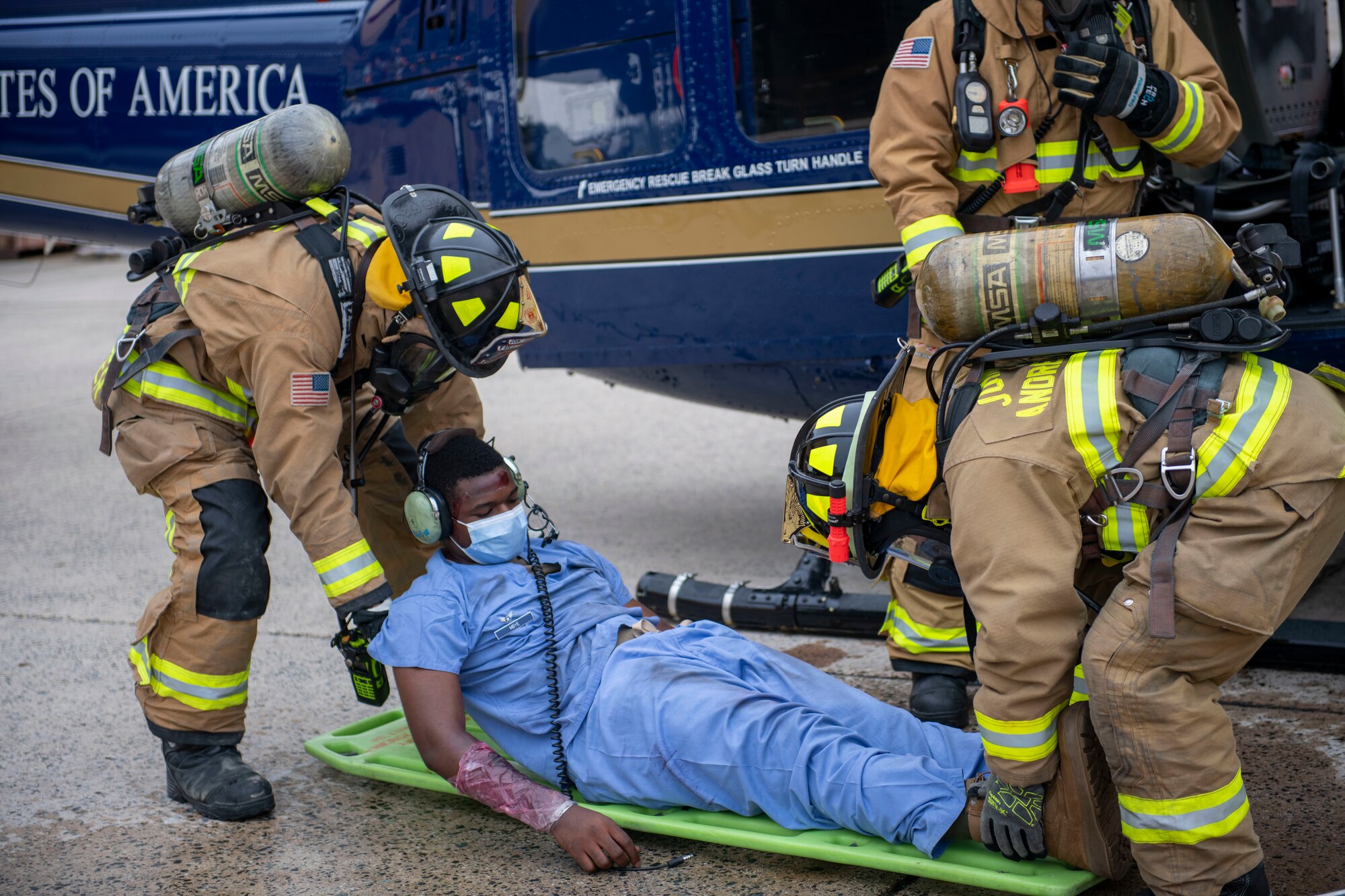 The 1st Helicopter Squadron along with firefighters from the 316th Civil Engineer Squadron held a live rescue and egress training on the flightline, Sept. 16, 2021.