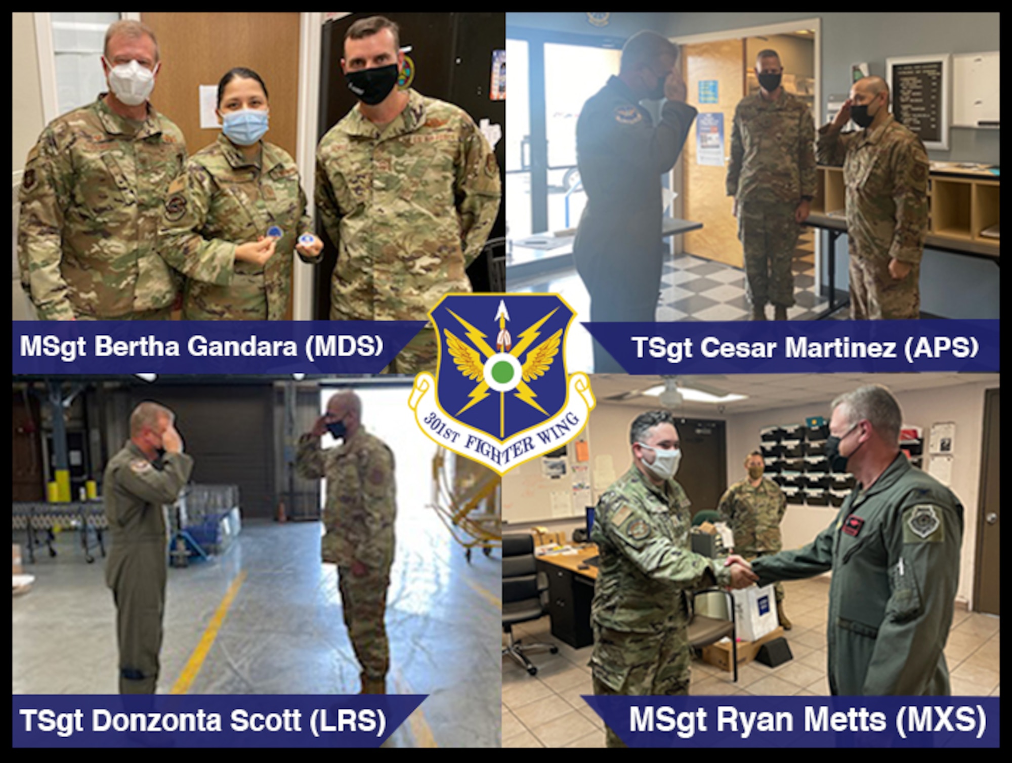 301 FW graphic highlighting four wing Airmen selected as warriors of the month over the past two months. (U.S. Air Force graphic by Jeremy Roman)