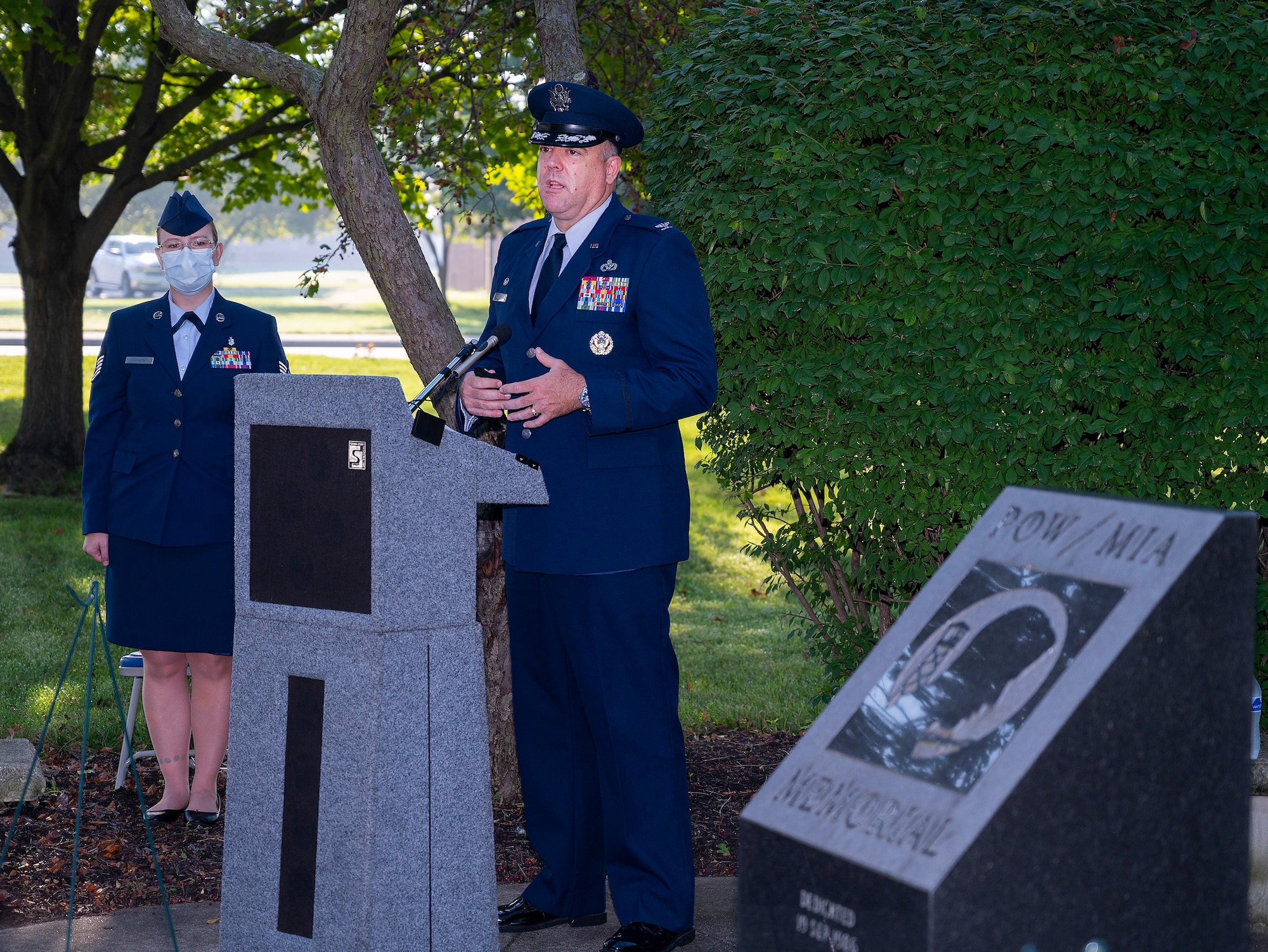Col. Patrick Miller, 88th Air Base Wing and installation commander, makes opening remarks Sept. 17, 2021,, during the POW/MIA Recognition Day wreath-laying ceremony at Wright-Patterson Air Force Base, Ohio. The annual event included a former Air Force officer and fighter pilot talking about his experience in North Vietnamese prison camps and a wreath laying. (U.S. Air Force photo by R.J. Oriez)