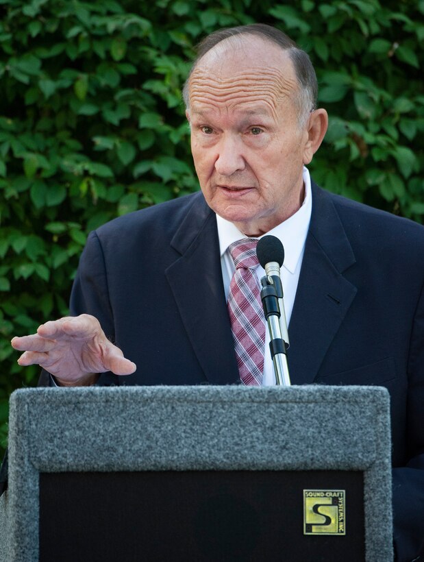 Guy Gruters, a former Air Force officer and fighter pilot, speaks about his experience as a prisoner of war in Vietnam during the POW/MIA Recognition Day wreath-laying ceremony Sept. 17, 2021, at Wright-Patterson Air Force Base, Ohio. While a captain, Gruters was shot down in December 1967 and spent more than five years as a prisoner of the North Vietnamese. (U.S. Air Force photo by R.J. Oriez)