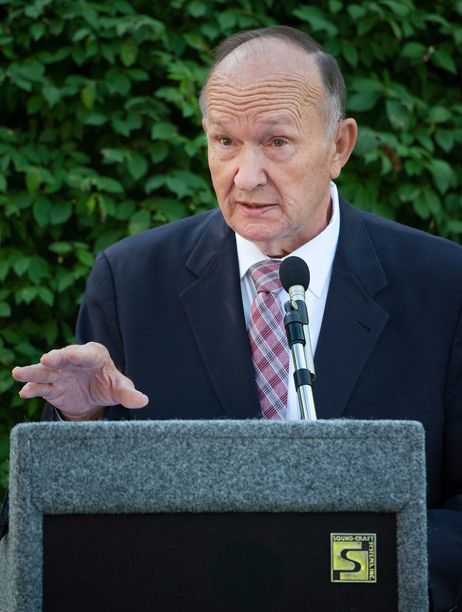 Guy Gruters, a former Air Force officer and fighter pilot, speaks about his experience as a prisoner of war in Vietnam during the POW/MIA Recognition Day wreath-laying ceremony Sept. 17, 2021, at Wright-Patterson Air Force Base, Ohio. While a captain, Gruters was shot down in December 1967 and spent more than five years as a prisoner of the North Vietnamese. (U.S. Air Force photo by R.J. Oriez)