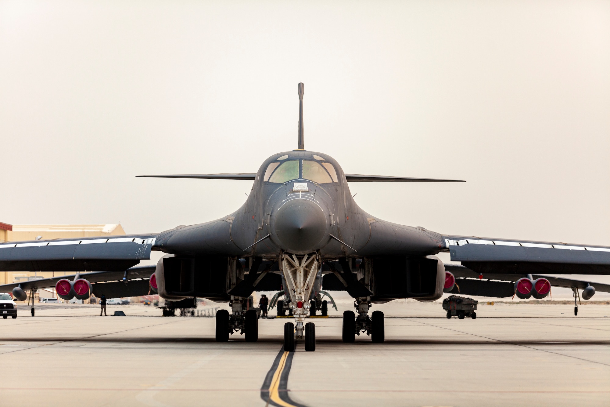 A B-1B Lancer, tail number 85-0074, taxis at Edwards Air Force Base, California, Sept. 23, for its final flight.
