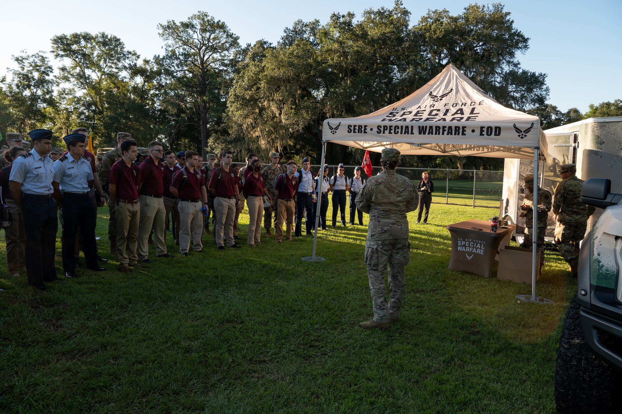 ROTC cadets from Florida State University and Florida A&M University speak to Air Force recruiters about different career fields during an event at the FSU campus Sept. 23, 2021. Recruiters were available to speak about their own experiences in the Air Force, as well as what other career opportunities are provided. (U.S. Air Force photo by Staff Sgt. Rito Smith)