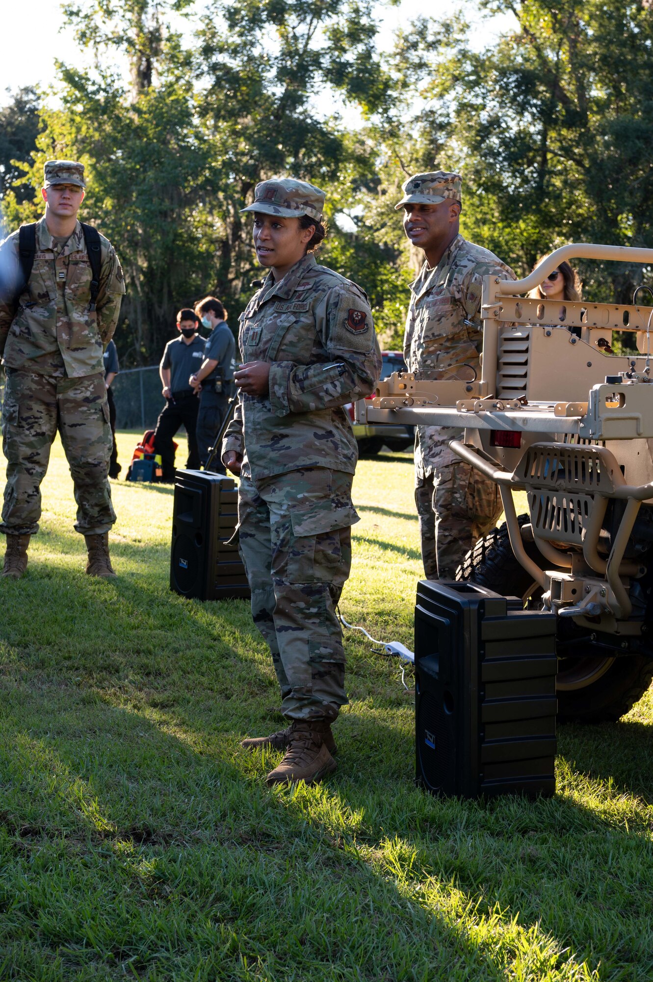 ROTC cadets from Florida State University and Florida A&M University speak to Air Force recruiters about different career fields during an event at the FSU campus Sept. 23, 2021. Recruiters were available to speak about their own experiences in the Air Force, as well as what other career opportunities are provided. (U.S. Air Force photo by Staff Sgt. Rito Smith)