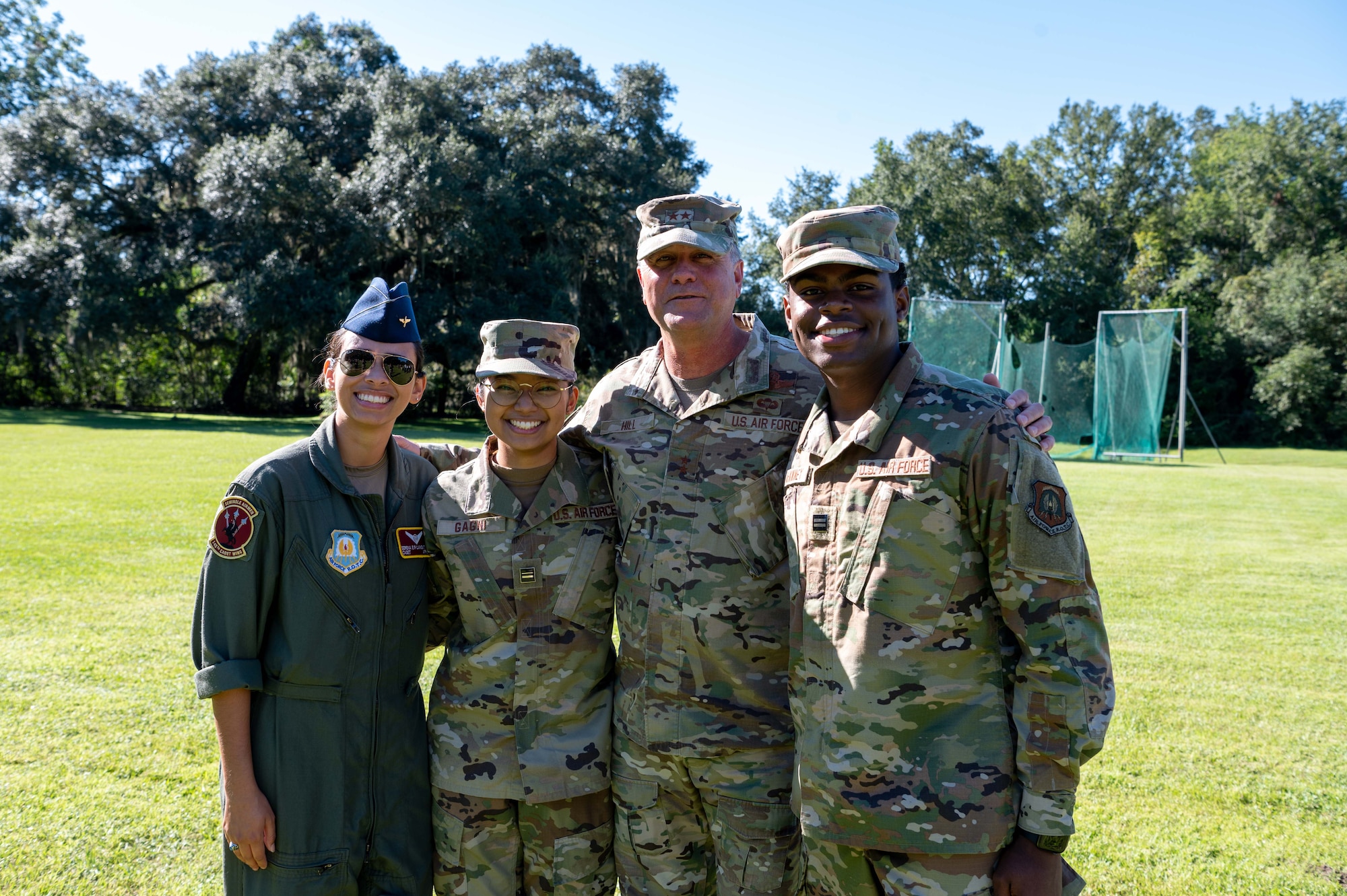 U.S. Air Force Maj. Gen. Eric Hill, Air Force Special Operations Command deputy commander, recognizes cadets in leadership positions during a diversity and inclusion event at Florida State University Sept. 23, 2021. The cadets were put into leadership positions for being highly motivated while living the Air Force core values of Integrity First, Service Before Self, and Excellence in all they do. (U.S. Air Force photo by Staff Sgt. Rito Smith)