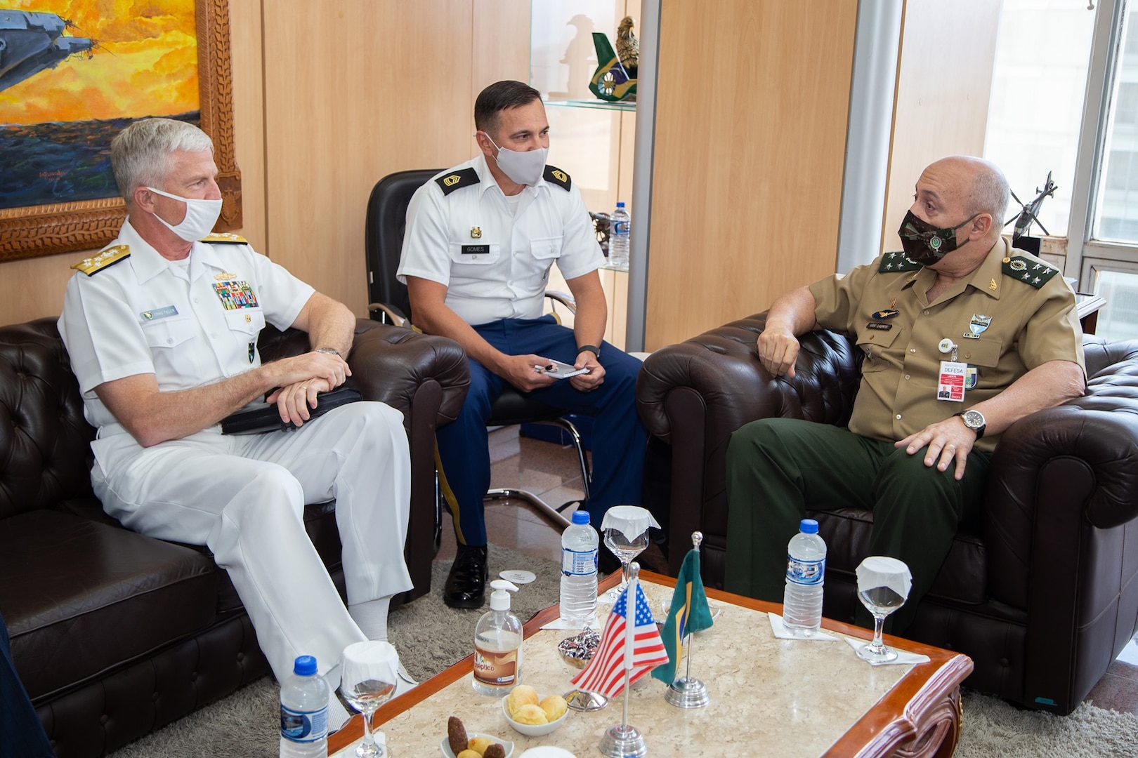 U.S. Navy Adm. Craig S. Faller, commander of U.S. Southern Command, meets with Brazil's Chief of the Joint Armed Forces Staff, Gen. Laerte de Souza Santos.