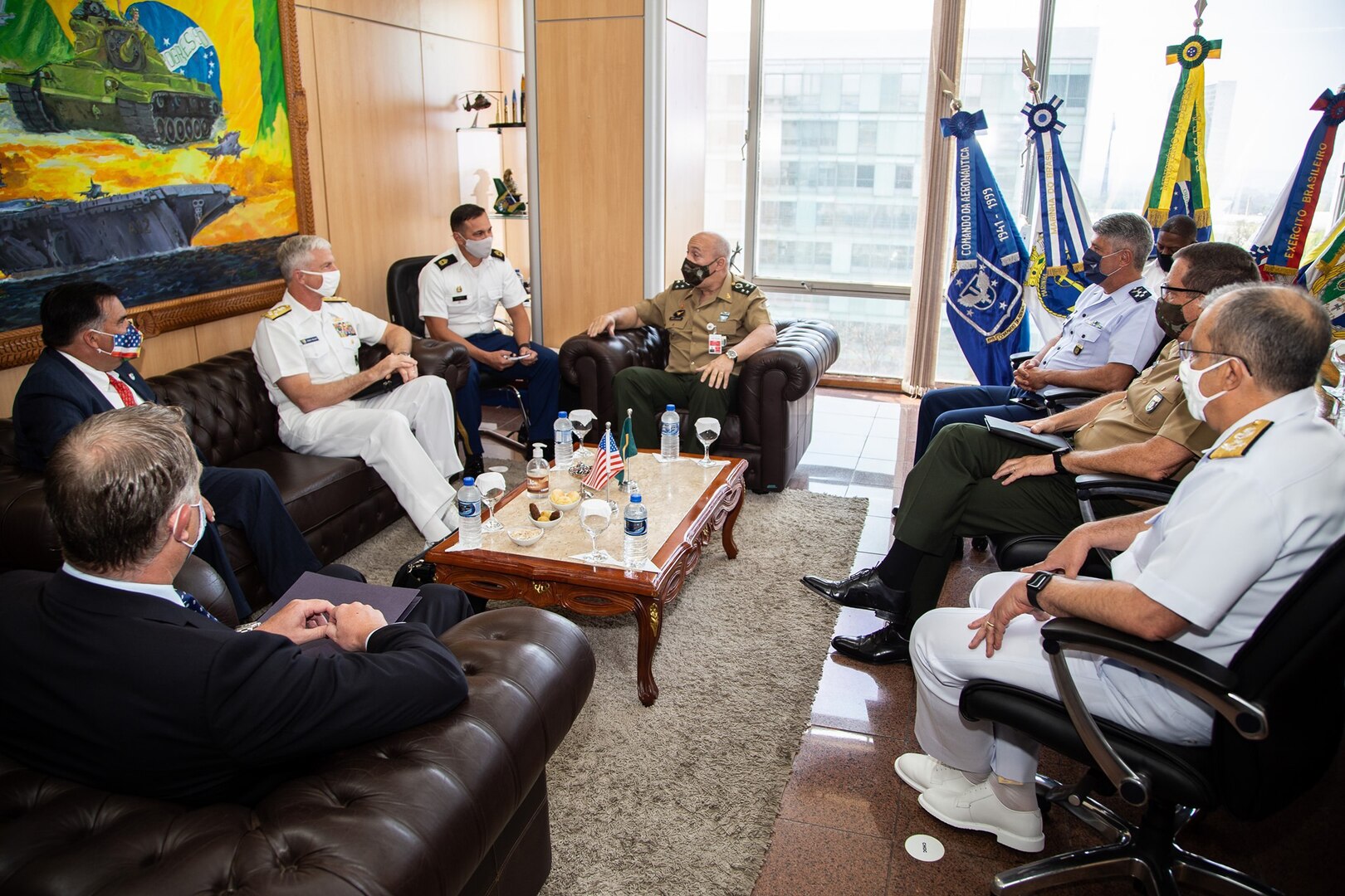U.S. Navy Adm. Craig S. Faller, commander of U.S. Southern Command, meets with Brazil's Chief of the Joint Armed Forces Staff, Gen. Laerte de Souza Santos.
