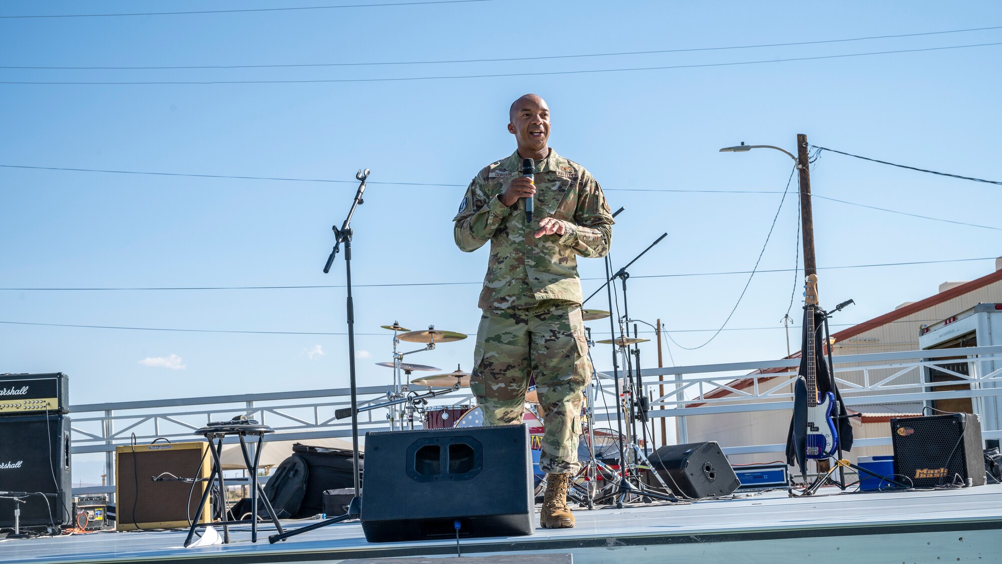 Col. Randel Gordon, 412th Test Wing Vice Commander, provides his opening remarks during the Air Force 74th Birthday picnic at Edwards Air Force Base, California, Sept. 17. (Air Force photo by Katherine Franco)