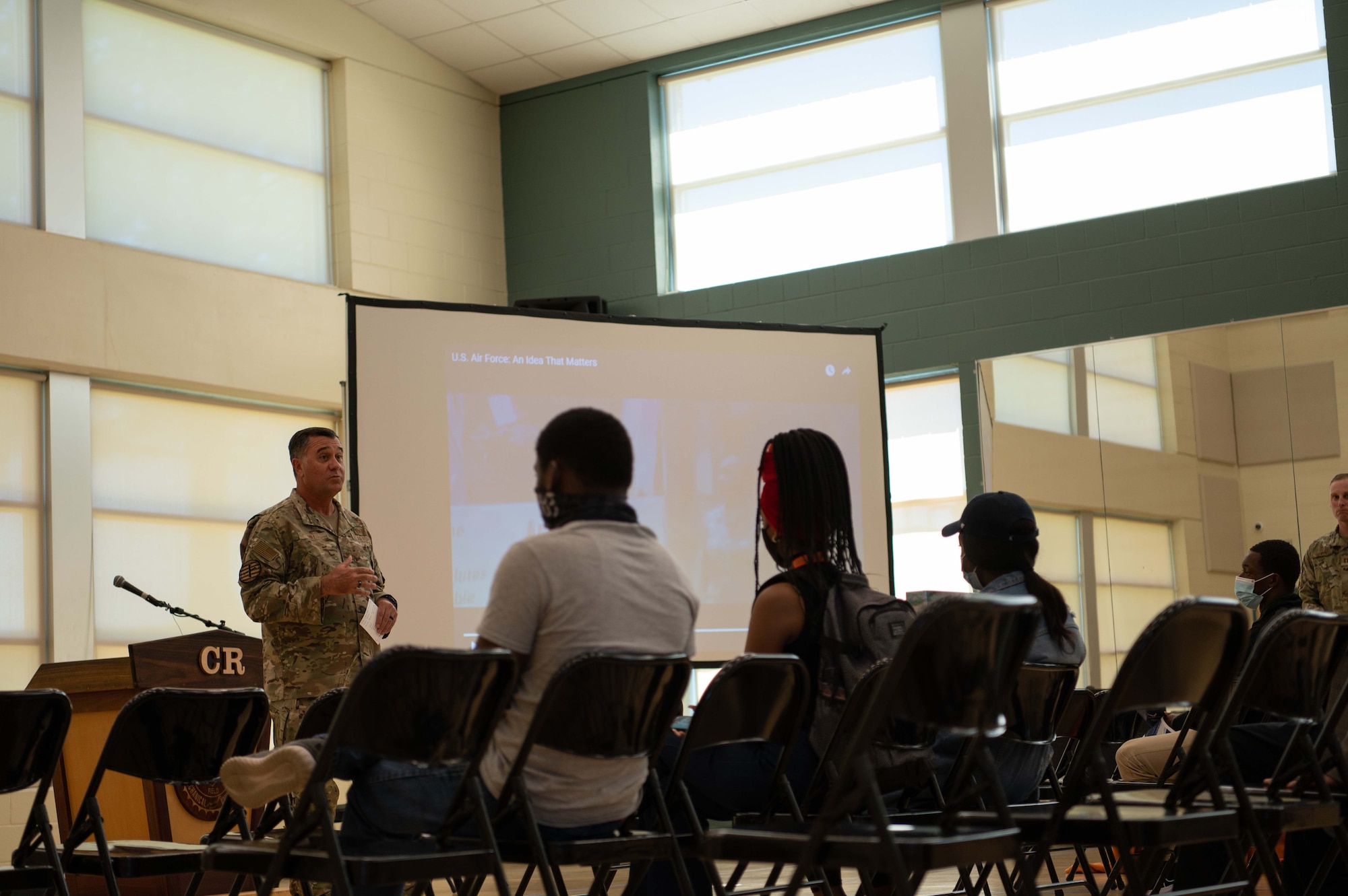 U.S. Air Force Maj. Gen. Eric Hill, Air Force Special Operations Command deputy commander, speaks to students at Florida A&M University about career opportunities Sept. 23, 2021. FAMU, one of the top historically black colleges in the nation, graduates highly intelligent and motivated individuals with diverse experiences. (U.S. Air Force photo by Staff Sgt. Rito Smith)