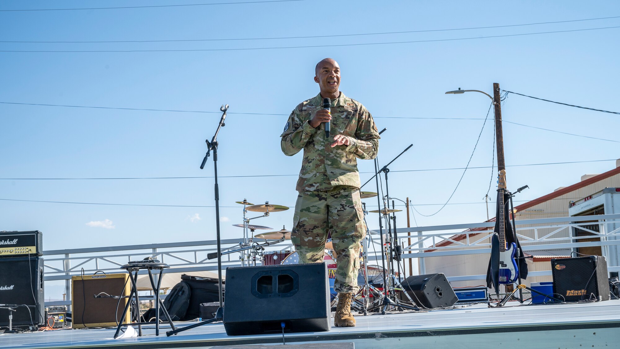 Col. Randel Gordon, 412th Test Wing Vice Commander, provides his opening remarks during the Air Force 74th Birthday picnic at Edwards Air Force Base, California, Sept. 17. (Air Force photo by Katherine Franco)