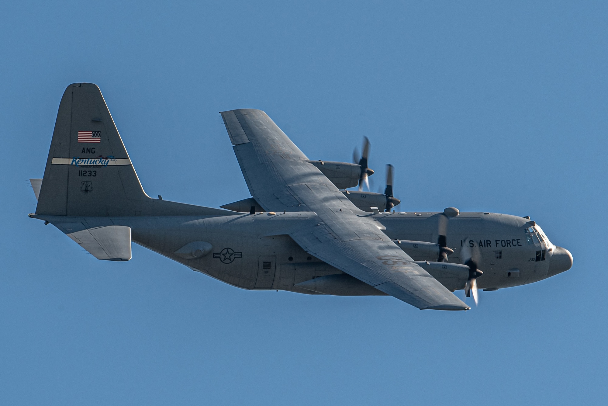 The last of eight C-130 H-model aircraft departs the Kentucky Air National Guard Base in Louisville, Ky., Sept. 24, 2021, as the 123rd Airlift Wing prepares to convert to the C-130J Super Hercules. The unit is slated to begin receiving the most modern variant of the venerable transport plane on Nov. 6. In the meantime, the departing H-models — which the Kentucky Air Guard has flown since 1992 — are being transferred to the Delaware Air National Guard. Tail number 11233 has logged 9,967 hours of flight time all over the world, supporting every kind of mission from humanitarian airlift to combat resupply operations. (U.S. Air National Guard photo by Tech. Sgt. Joshua Horton)