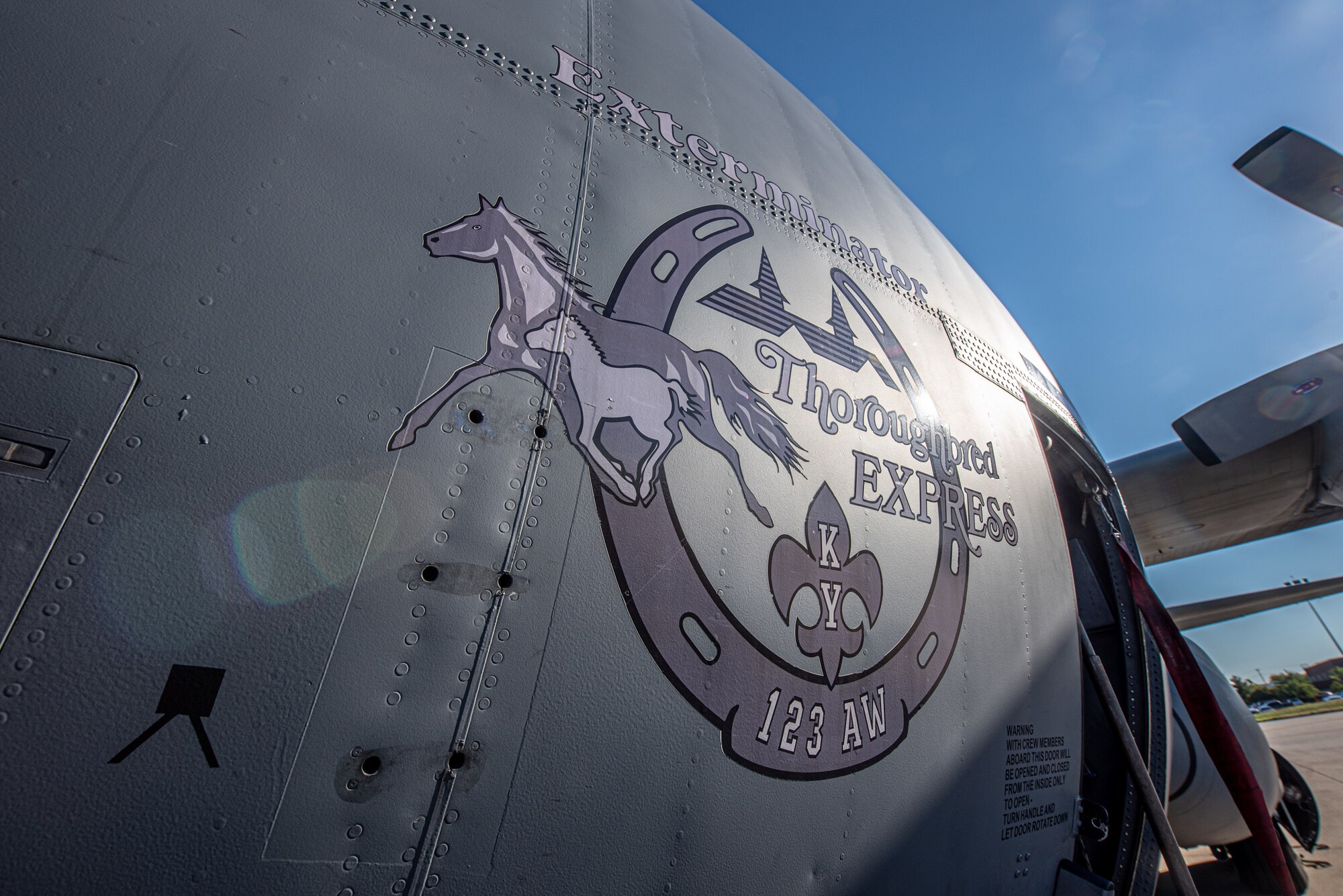 The last of eight C-130 H-model aircraft departs the Kentucky Air National Guard Base in Louisville, Ky., Sept. 24, 2021, as the 123rd Airlift Wing prepares to convert to the C-130J Super Hercules. The unit is slated to begin receiving the most modern variant of the venerable transport plane on Nov. 6. In the meantime, the departing H-models — which the Kentucky Air Guard has flown since 1992 — are being transferred to the Delaware Air National Guard. This aircraft, named for Kentucky Derby winner Exterminator, has logged 9,967 hours of flight time all over the world. (U.S. Air National Guard photo by Tech. Sgt. Joshua Horton)