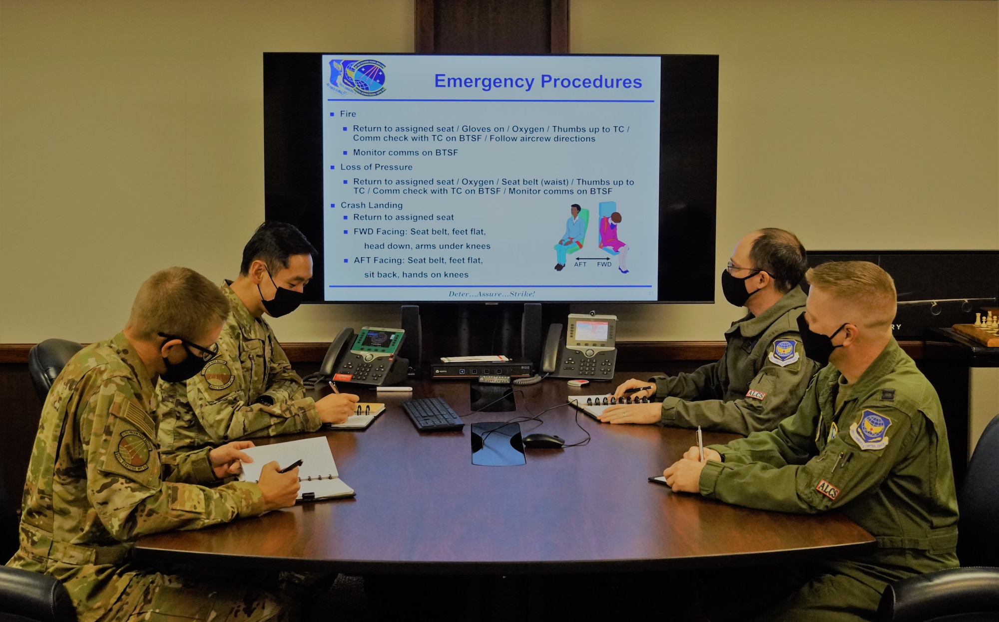 (From center right)  Capt. Bob Cline, test engineer flight commander, Capt. Raun Carnley, ALCS operator, Maj. Alex Foos, assistant director of operations and Lt. James Zhen, test conductor-airborne.  The 625th STOS Airmen conducted mission planning prior to the execution of the ICU II mission.  Depicted here, the team discussed emergency procedures when airborne, Sept. 20, 2021. (U.S. Air Force photo by Ben Guenther)