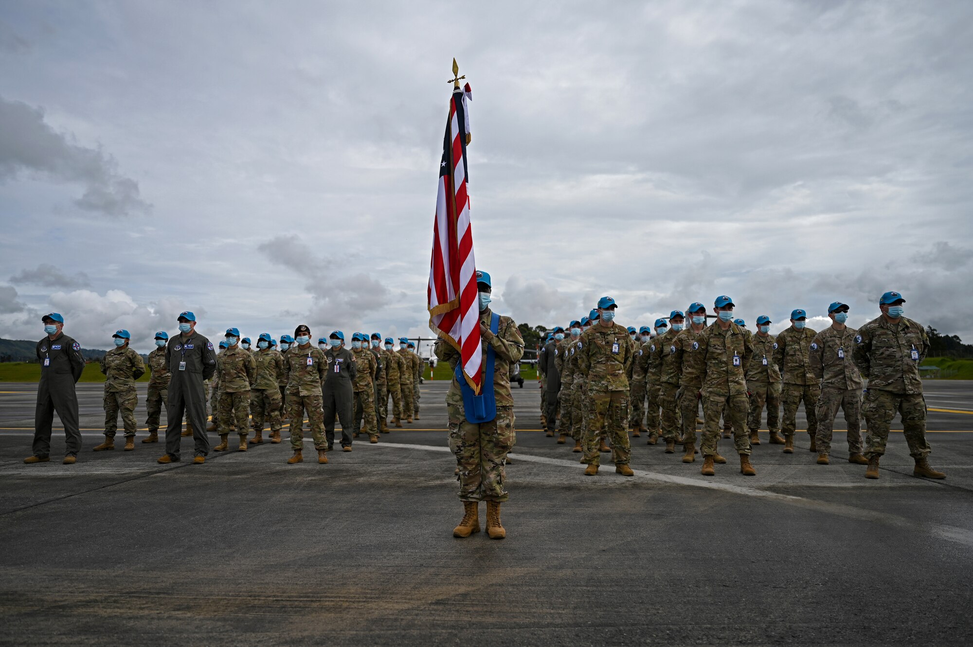 U.S. military servicemembers stand in formation during the opening ceremony of Ángel de los Andes Cooperación VII Aug. 30, 2021, in Rionegro, Colombia.