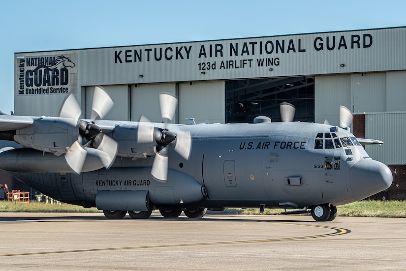 The last of eight C-130 H-model aircraft departs the Kentucky Air National Guard Base in Louisville, Ky., Sept. 24, 2021, as the 123rd Airlift Wing prepares to convert to the C-130J Super Hercules. The unit is slated to begin receiving the most modern variant of the venerable transport plane on Nov. 6. In the meantime, the departing H-models — which the Kentucky Air Guard has flown since 1992 — are being transferred to the Delaware Air National Guard. Tail number 11233 has logged 9,967 hours of flight time all over the world, supporting every kind of mission from humanitarian airlift to combat resupply operations. (U.S. Air National Guard photo by Tech. Sgt. Joshua Horton)