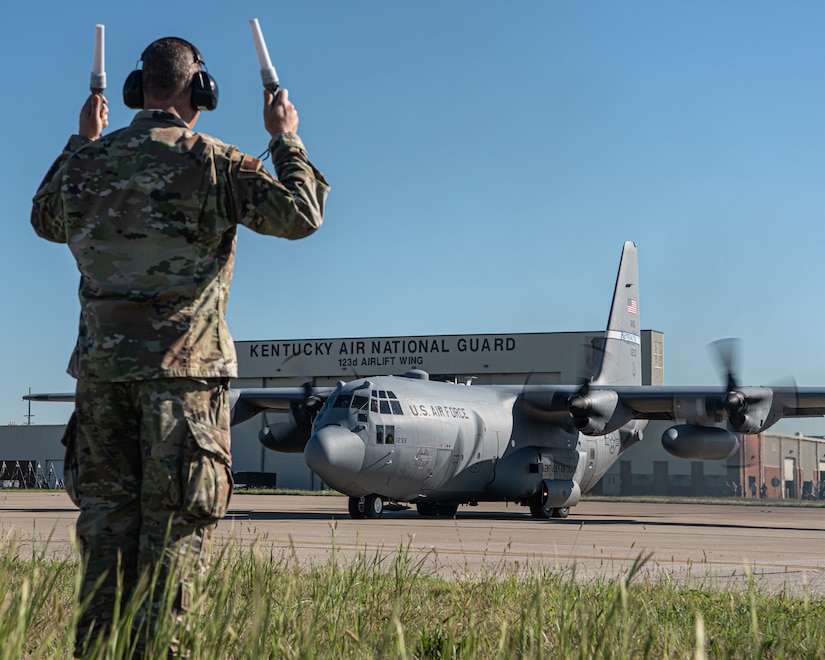 The last of eight C-130 H-model aircraft departs the Kentucky Air National Guard Base in Louisville, Ky., Sept. 24, 2021, as the 123rd Airlift Wing prepares to convert to the C-130J Super Hercules. The unit is slated to begin receiving the most modern variant of the venerable transport plane on Nov. 6. In the meantime, the departing H-models — which the Kentucky Air Guard has flown since 1992 — are being transferred to the Delaware Air National Guard. Tail number 11233 has logged 9,967 hours of flight time all over the world, supporting every kind of mission from humanitarian airlift to combat resupply operations. (U.S. Air National Guard photo by Tech. Sgt. Joshua Horton)