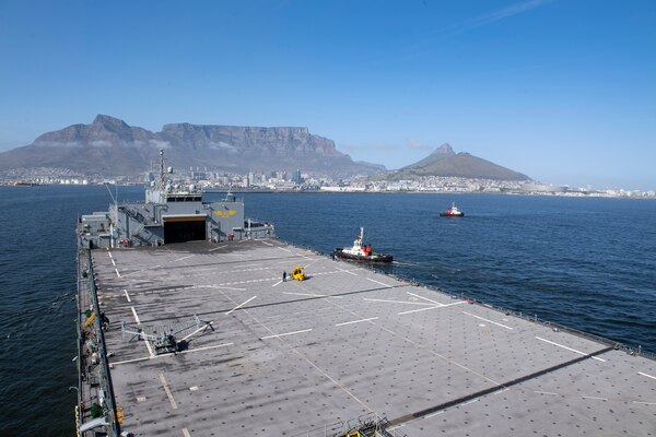 The Expeditionary Sea Base USS Hershel "Woody" Williams (ESB 4) pulls into port in Cape Town, South Africa, Sept. 25, 2021. Hershel "Woody" Williams is on a scheduled deployment in the U.S. Sixth Fleet area of operations in in support of U.S. national interests and security and stability in Europe and Africa.