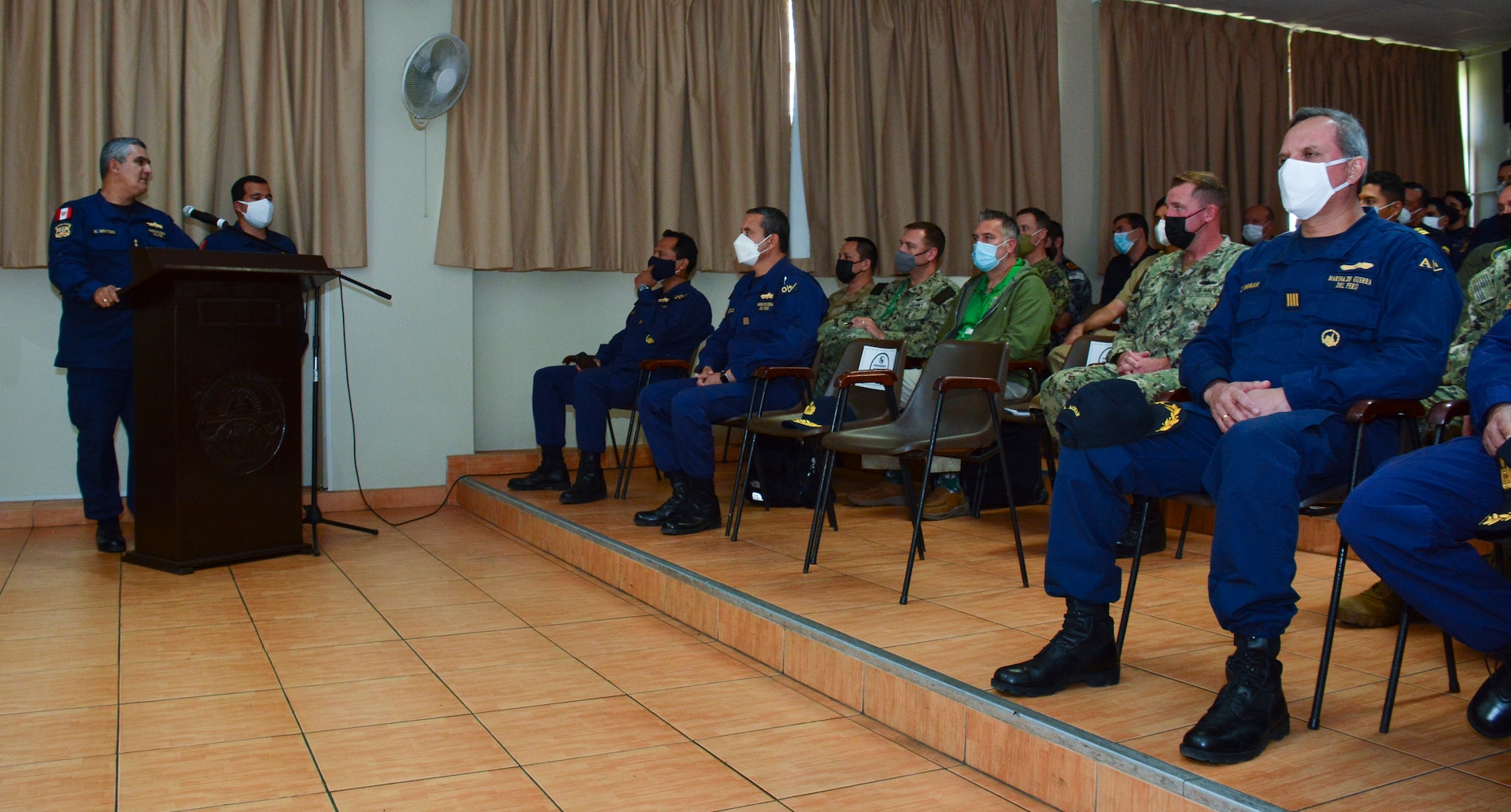 Peruvian Navy Comandante Marco Antonio Montero Gallegos gives opening remarks during the closing ceremony for Silent Forces Exercise (SIFOREX) 2021 at Callao Naval Base, Sept. 24, 2021.