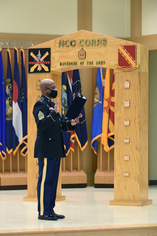 US Army Sgt. Maj. Henry A. Scott, Command Sergeant Major of 6-52 ADA Battalion, 35th ADA Brigade, recites the Creed of the Noncommissioned Officer. (US Army photo by Miss Amelia M. Gillies, USFK PA)