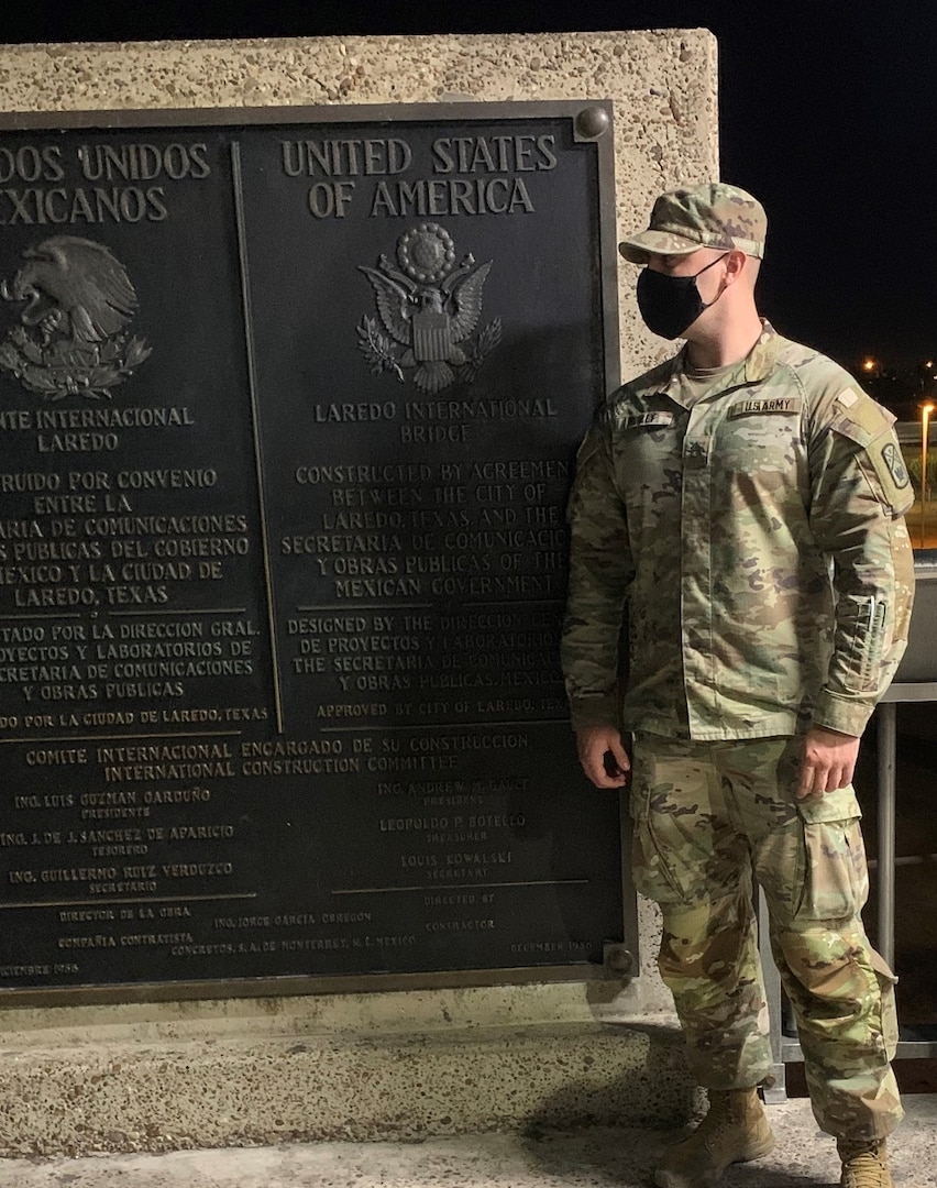 Staff Sgt. Christopher Hurley, a resident of Soddy Daisy, Tennessee assigned to the 913th Engineer Company of the Tennessee National Guard, at the Laredo International Bridge in Texas. Hurley revived a pedestrian Sept. 20, 2021, by performing CPR while supporting the Department of Defense's Southwest Border mission.