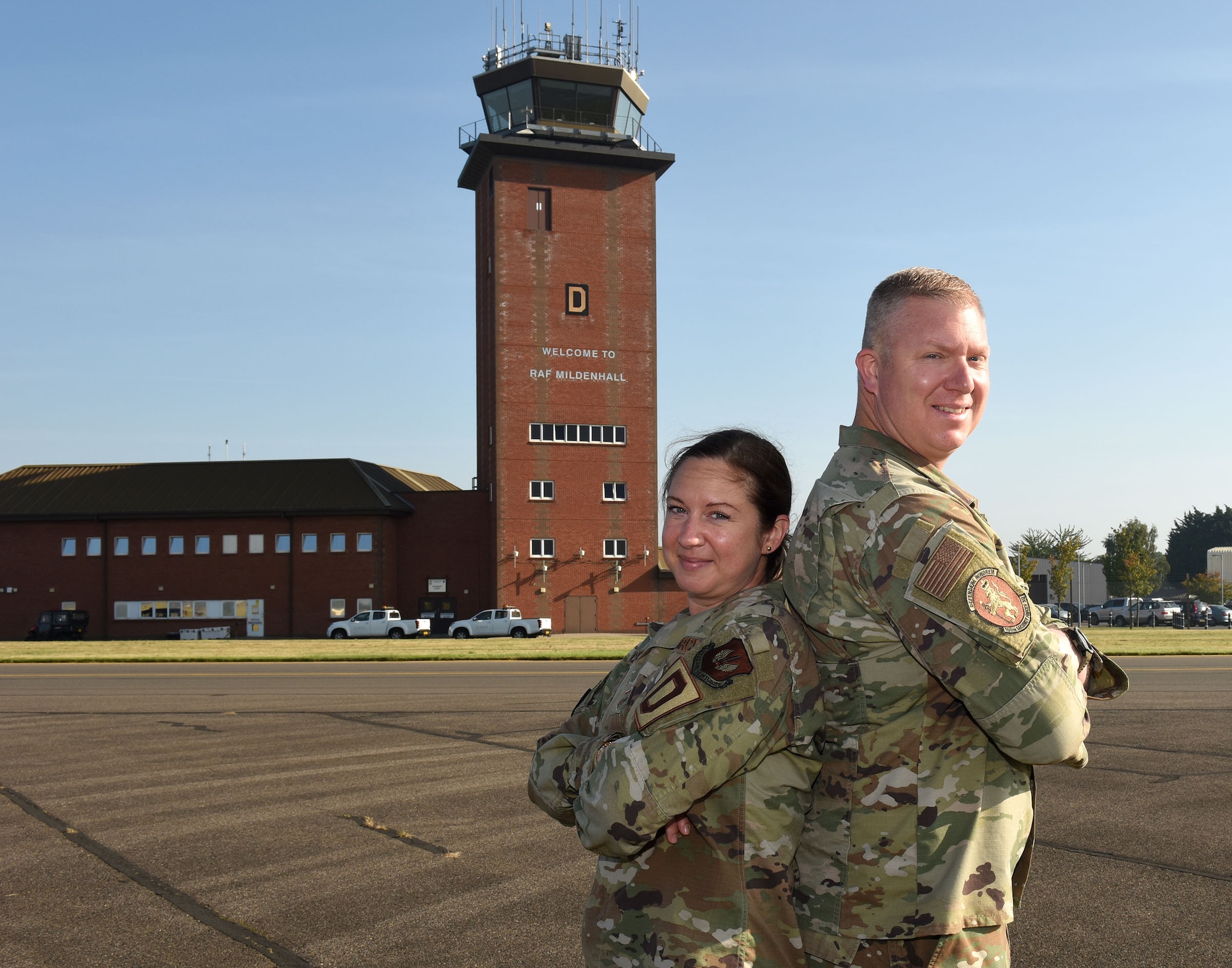 U.S. Air Force Senior Master Sgt. Rachel Castrovinci, left, 100th Operations Support Squadron senior enlisted leader, and Chief Master Sgt. Scott Castrovinci, 100th Security Forces Squadron senior enlisted leader, are currently on their second tour at Royal Air Force Mildenhall, England, Sept. 8, 2021. The couple were stationed together at Minot Air Force Base, North Dakota, when the terrorist attacks happened Sept. 11, 2001. They shared their stories and memories of that day, for the 20th anniversary of 9/11. (U.S. Air Force photo by Karen Abeyasekere)