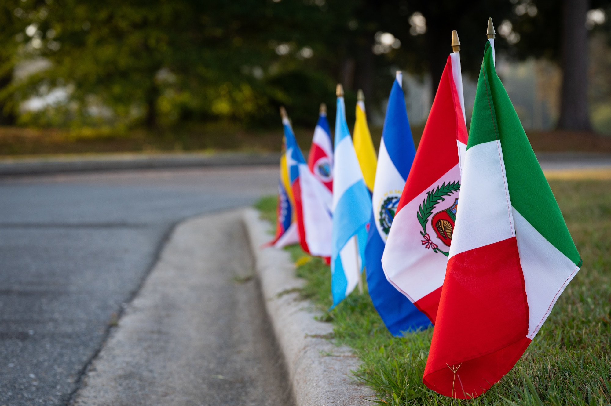 Flags are displayed during a Hispanic heritage fun run at Seymour Johnson Air Force Base, North Carolina, Sept. 16, 2021. The flags represented various Hispanic and Latino countries. (U.S. Air Force photo by Senior Airman David Lynn)