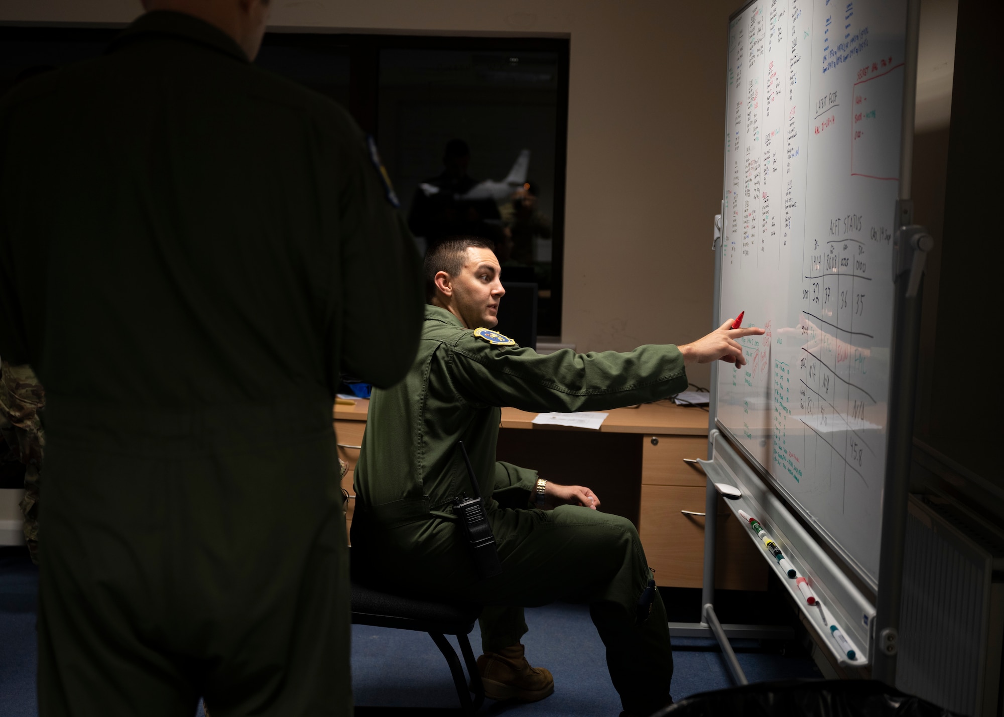 U.S. Air Force Maj. Robert Strain, Detachment Commander, discusses chalk times with the aircrew for future flights during the High Life exercise on Royal Air Force Fairford, England, Sept. 15, 2021.