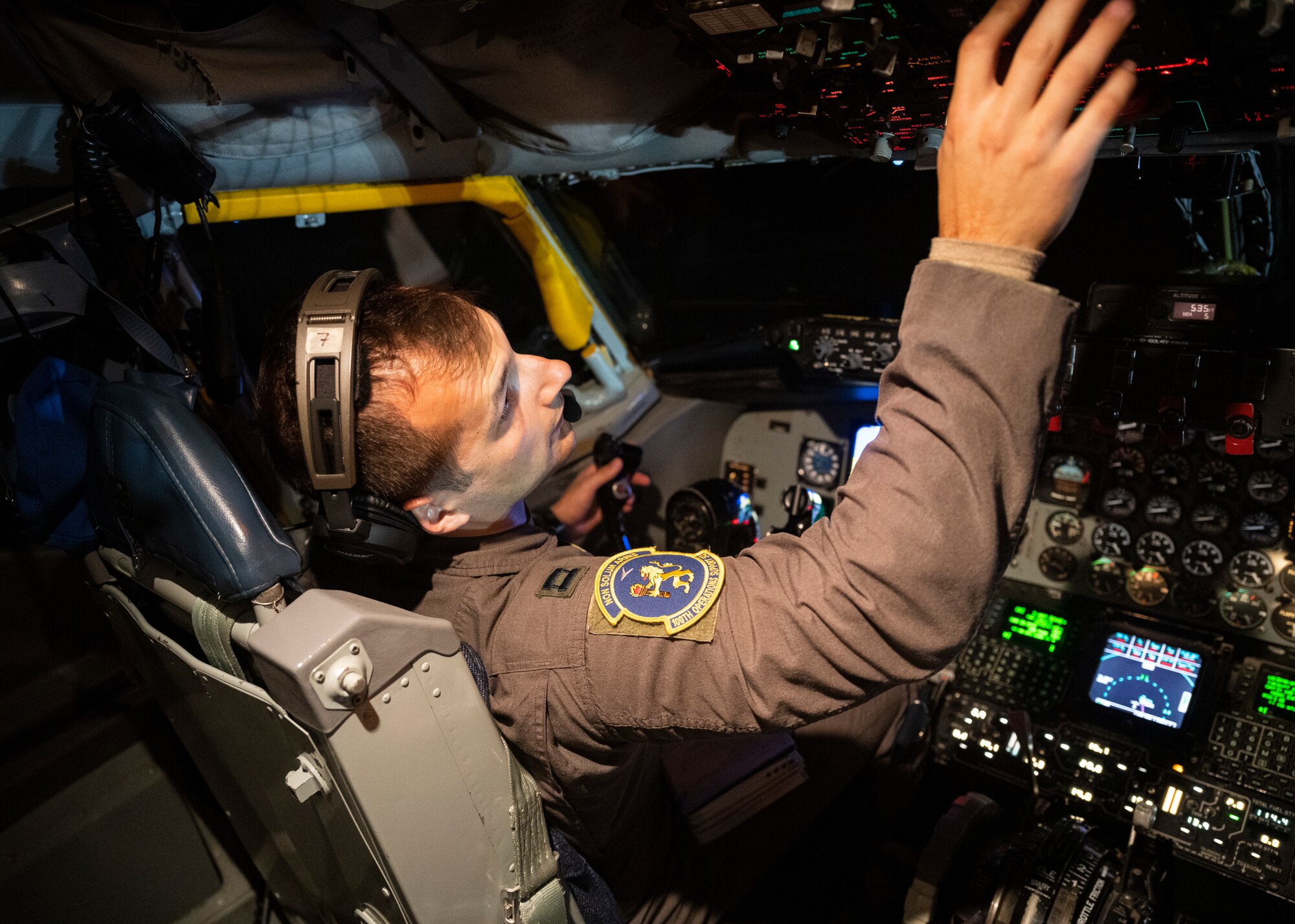 U.S. Air Force Capt. Ryan Nall, 100th Operations Support Squadron pilot, conducts preflight operations in a KC-135 Stratotanker assigned to the 100th Air Refueling Wing at Royal Air Force Mildenhall during the High Life exercise on RAF Fairford, England, Sept. 15, 2021.
