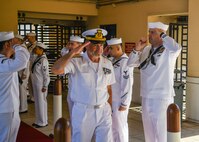 Vice Adm. Gene Black, commander, U.S. Sixth Fleet, right, shakes hands with Vice Adm. Enrico Credendino, Commander in Chief Italian Naval Fleet,