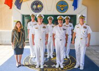 Vice Adm. Gene Black, commander, U.S. Sixth Fleet, right, shakes hands with Vice Adm. Enrico Credendino, Commander in Chief Italian Naval Fleet,