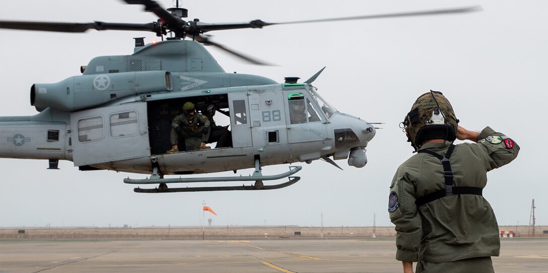 A helicopter lands.