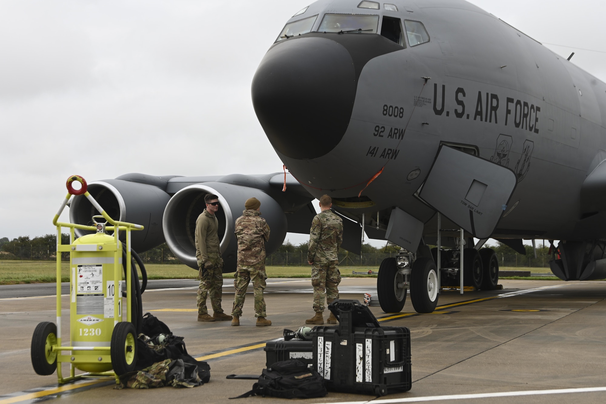 U.S. Airmen assigned to the 100th Aircraft Maintenance Squadron discuss post-flight maintenance for a KC-135 Stratotanker aircraft at Royal Air Force Mildenhall, England, Aug. 31, 2021. The 100th AMXS supports mission readiness by maintaining KC-135s, which provide the critical air refueling “bridge” allowing the expeditionary Air Force to deploy around the globe at a moment’s notice. (U.S. Air Force photo by Senior Airman Joseph Barron)