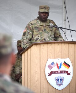 U.S. Army Col. Anthony Nesbitt, commander of Army Medical Logistics Command, speaks at the Kaiserslautern Army Depot ribbon cutting ceremony for U.S. Army Medical Materiel Center-Europe on Sep. 17, 2021, at Kaiserslautern, Germany. The ceremony formalizes the move from the command’s former base in the Husterhoeh Kaserne in Pirmasens, Germany, where it has called home since 1975. USAMMCE provides theater level Class VIII medical supplies for U.S. Army Europe & Africa units.