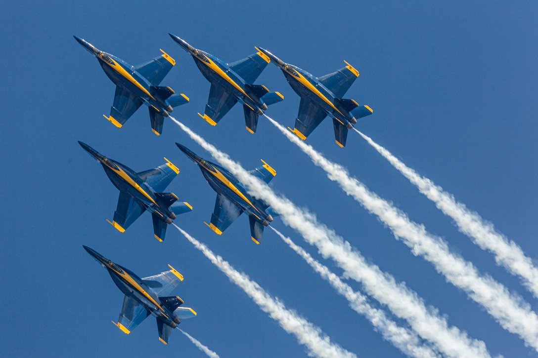 The Blue Angels perform during the 2021 Air Show at Marine Corps Air Station Cherry Point, N.C., Sept. 25, 2021. The air show is MCAS Cherry Point and the 2nd Marine Aircraft Wing’s immense, community outreach event that is a show of appreciation to its regional neighbors and community partners for their enduring support in mission success.