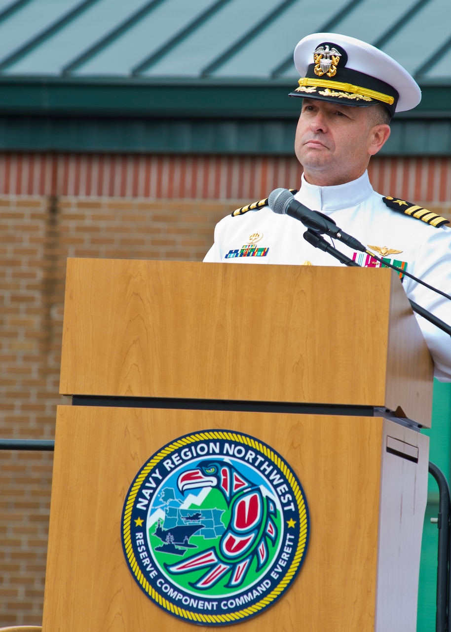 EVERETT, Wash. (September 24, 2021) Capt. Jonas C. Jones, outgoing commander, Navy Region Northwest Reserve Component Command (NRNW RCC) Everett, speaks to guests during NRNW RCC Everett’s change of command on board Naval Station Everett, Wash. (U.S. Navy photo by Mass Communication Specialist 1st Class Kleynia R. McKnight)