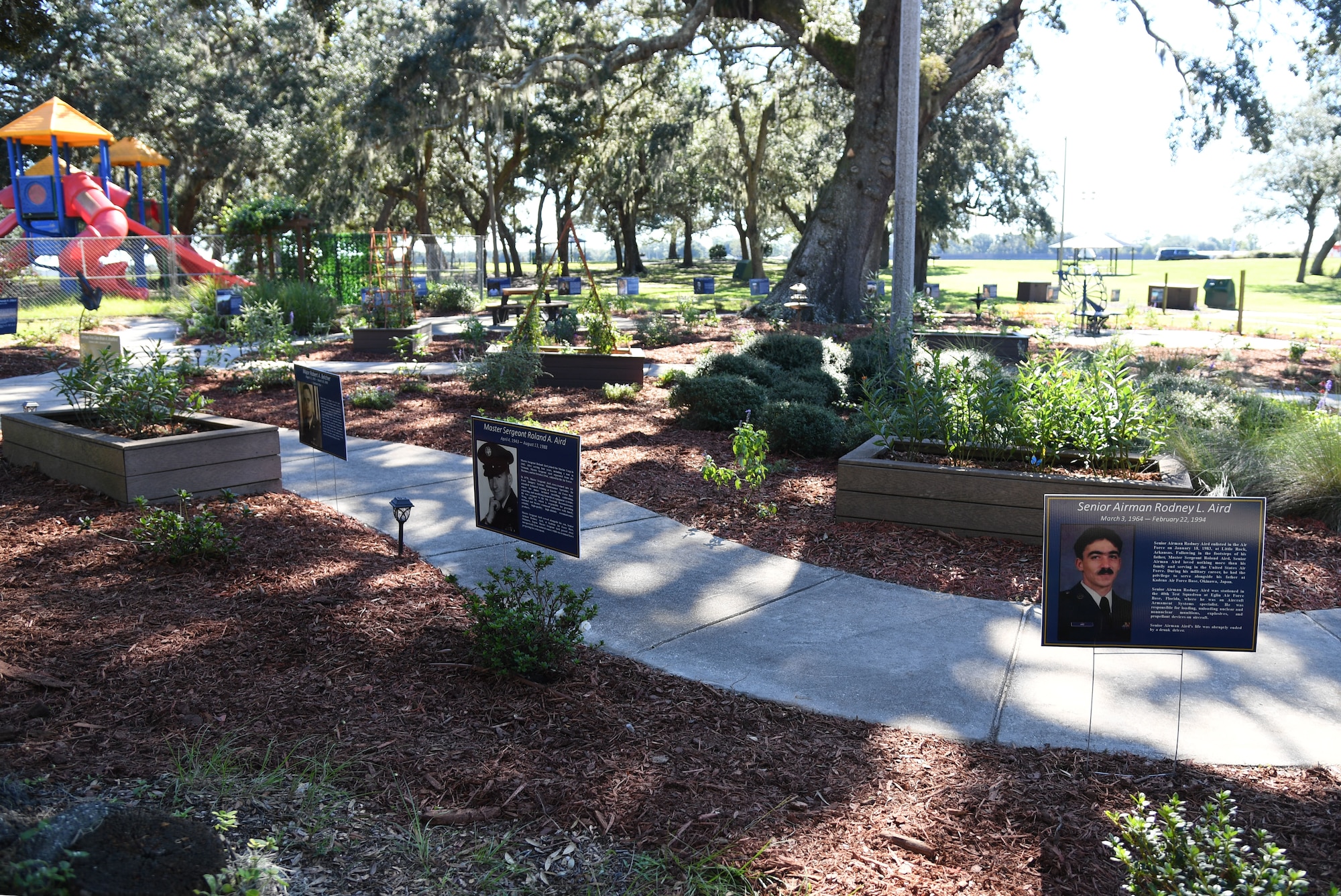 The Air Force Families Forever Fallen Heroes Butterfly Garden is open for viewing during the dedication ceremony at the marina park at Keesler Air Force Base, Mississippi, Sept. 24, 2021. The garden was created as a designated location where the families of our fallen heroes can find a serene area to pay tribute to their loved one as well as honoring our fallen service members. (U.S. Air Force photo by Kemberly Groue)