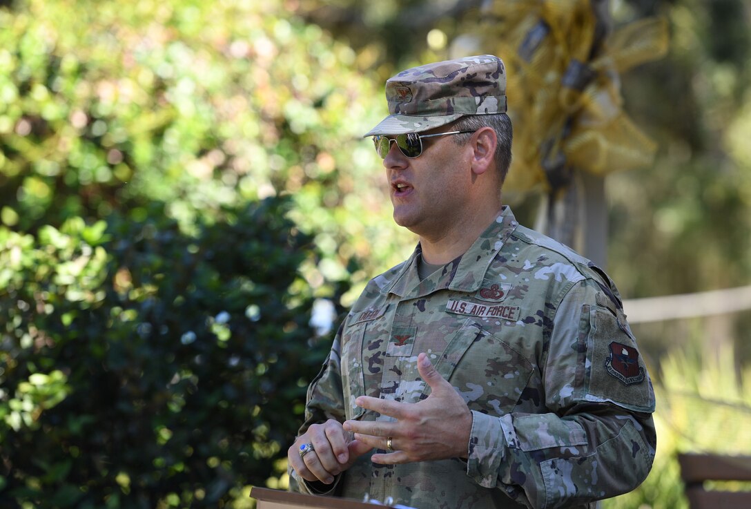 U.S. Air Force Col. James Kafer, 81st Training Wing vice commander, delivers remarks during the Air Force Families Forever Fallen Heroes Butterfly Garden dedication ceremony at the marina park at Keesler Air Force Base, Mississippi, Sept. 24, 2021. The garden was created as a designated location where the families of our fallen heroes can find a serene area to pay tribute to their loved one as well as honoring our fallen service members. (U.S. Air Force photo by Kemberly Groue)