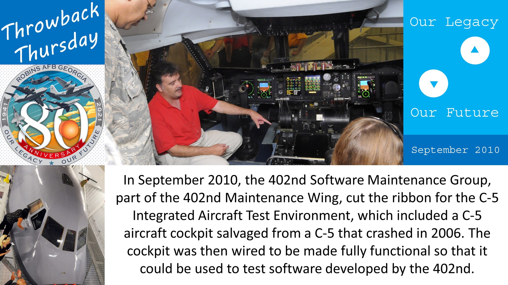Graphic shows pictures of the inside of the C-5 cockpit and the outside of the aircraft, along with the text matching the caption.