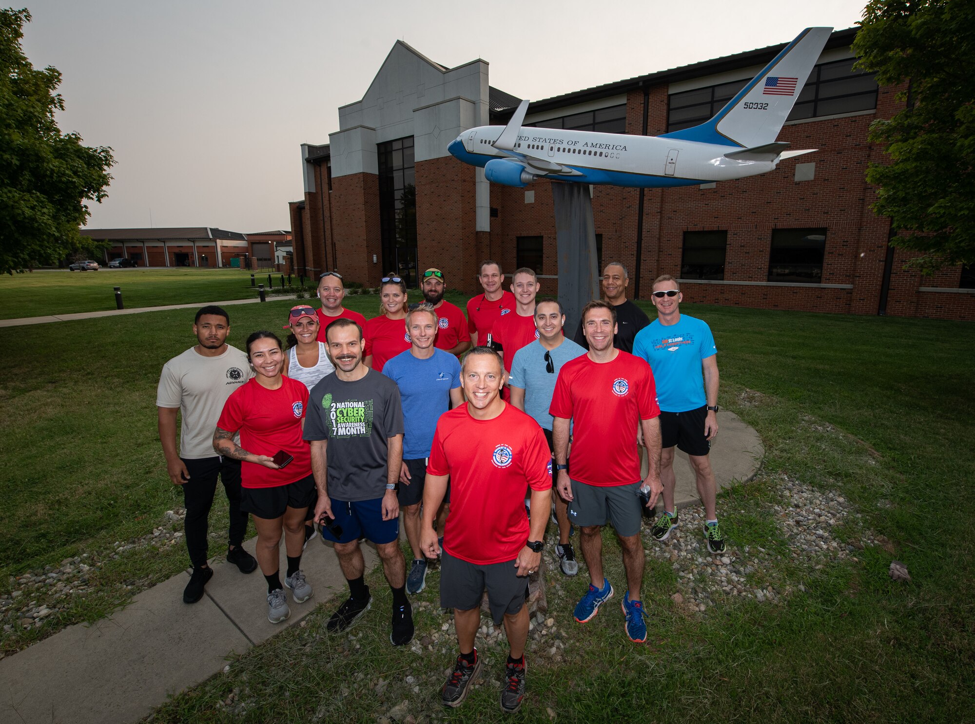 Airmen from the 73rd Airlift Squadron, 54th Airlift Squadron and 932nd Operations Support Flight virtually participate in the Bradley R. Smith memorial scholarship 5k run, 9 Sept. 2021, Scott Air Force Base, Illinois.