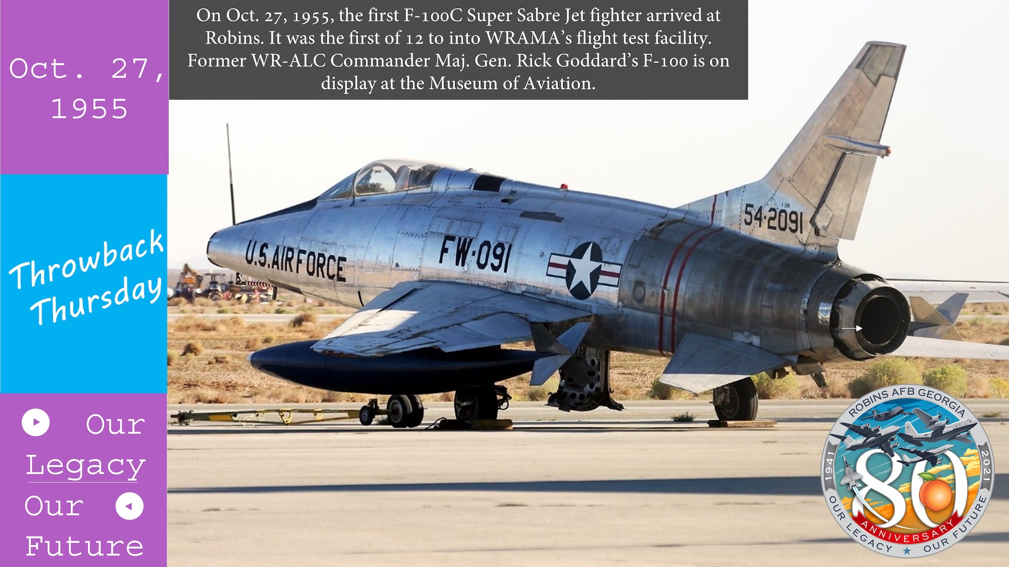 Graphic shows a photo of the F-100C Super Sabre Jet fighter aircraft