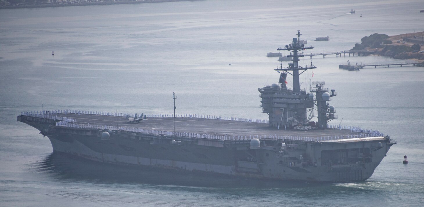 Aircraft carrier USS Theodore Roosevelt (CVN 71) returns to Naval Air Station North Island.