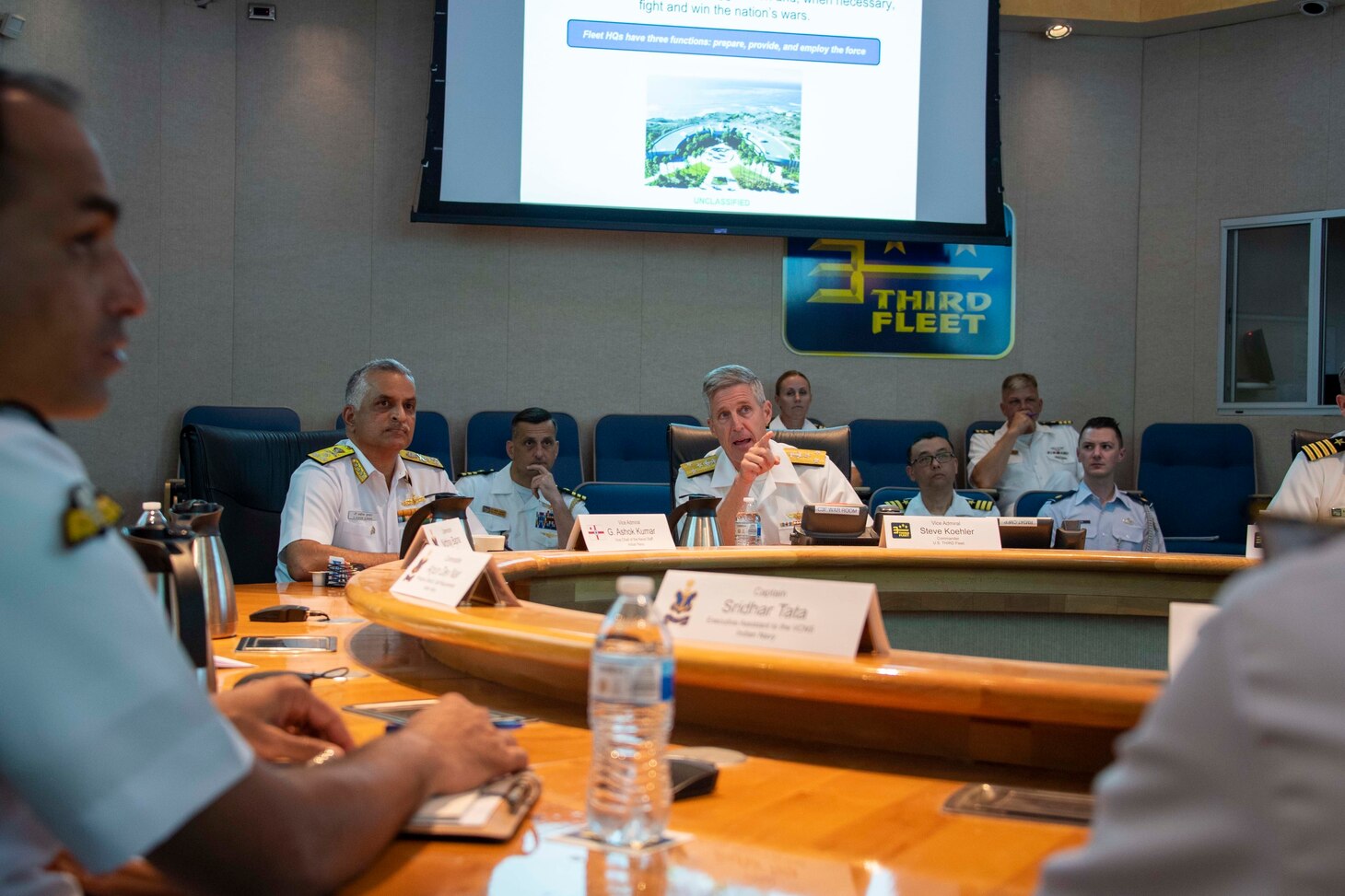 Vice Adm. Steve Koehler, commander, U.S. 3rd Fleet briefs Indian Navy Vice Chief of Naval Staff Vice Adm. G. Ashok Kumar on 3rd Fleet organization and mission, June 28.