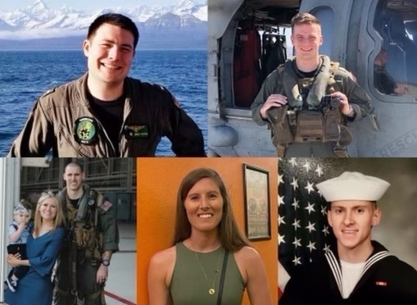 Photo collage of the five Sailors killed when an MH-60S Seahawk helicopter, assigned to Helicopter Sea Combat Squadron (HSC) 8, crashed approximately 60 nautical miles off the coast of San Diego, Aug. 31.